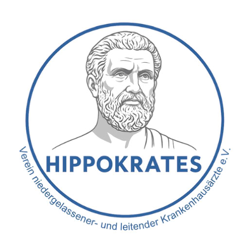 <!-– Illustration eines bärtigen Mannes in einem Kreis mit dem Text "HIPPOKRATES" darunter und dem Schriftzug "Verein niedergelassener- und leitender Krankenhausärzte e.V." am unteren Rand des Kreises. –->