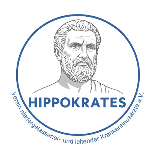 <!-– Ein gezeichneter Kopf eines bärtigen Mannes in einem Kreis, darunter der Text "HIPPOKRATES" und am unteren Rand des Kreises der Text "Verein niedergelassener- und leitender Krankenhausärzte e.V." –->
