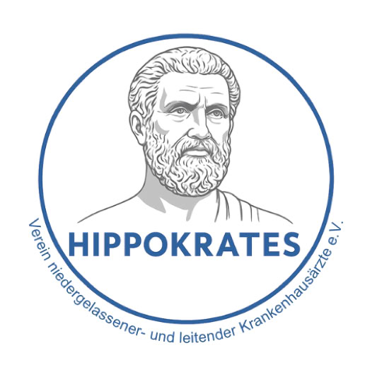 <!-– Ein Kreis mit einer Zeichnung eines bärtigen Mannes in der Mitte, darunter der Text "HIPPOKRATES" und am unteren Rand des Kreises der Text "Verein niedergelassener- und leitender Krankenhausärzte e.V." –->
