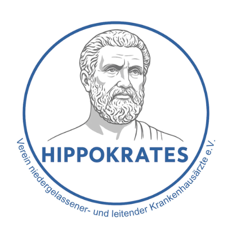 Ein Kreis mit einer Zeichnung eines bärtigen Mannes und dem Text "HIPPOKRATES" darunter, umgeben von dem Text "Verein niedergelassener- und leitender Krankenhausärzte e.V.".